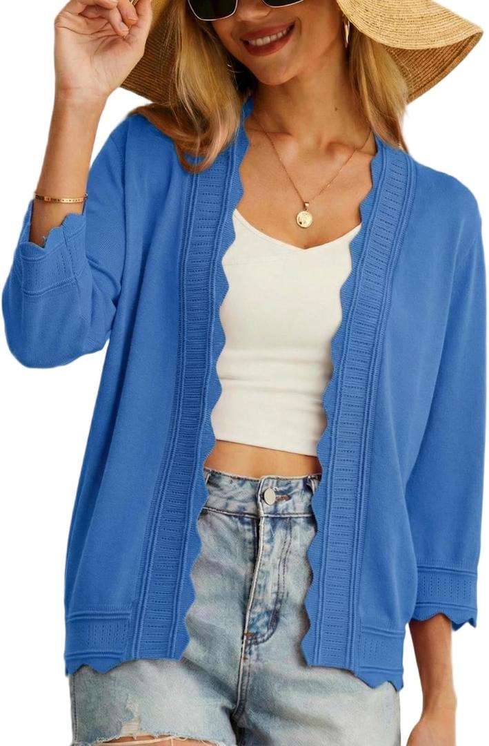 GRECERELLE Women Lightweight Summer Cardigan 3/4 Sleeve Open Front Scalloped Trim Knit Sweater Soft Cropped Bolero Shrug (XX-Large, Sky Blue)