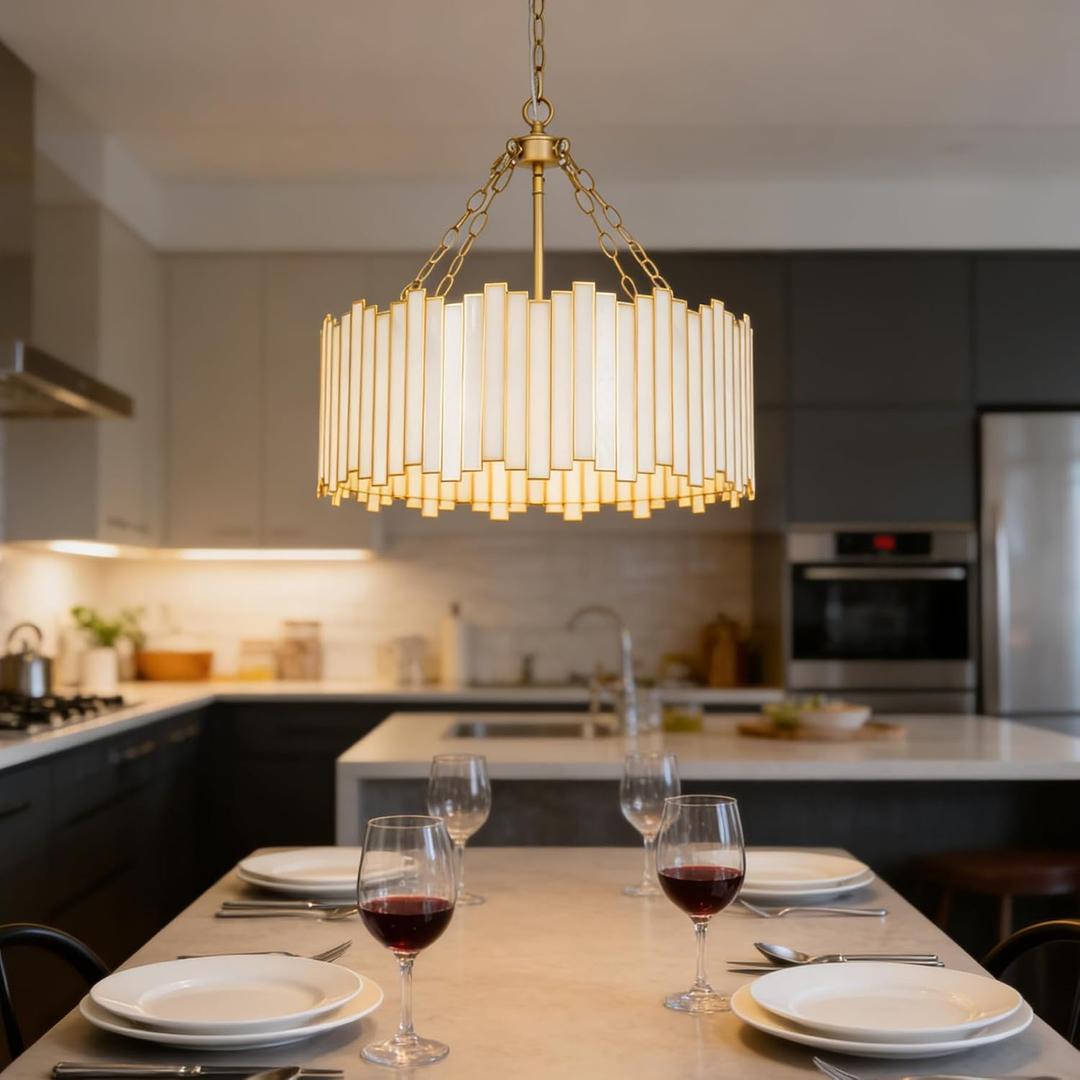 Gold Drum Chandelier 6-Light Modern Tiffany Pendant Lighting Fixture with Stained Glass Shade 20 Round Ceiling Hanging Lamp Bedroom Dining Living Room Kitchen Entry (White Glass & Gold Edge), 20 Inch Diameter