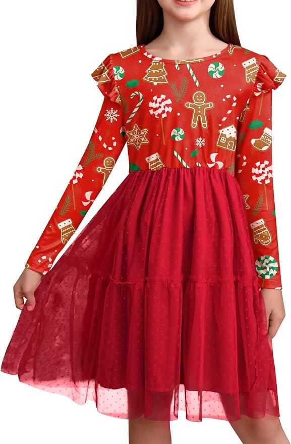 Christmas Little Girl's Flutter Shoulder Gingerbread Man Printed Tutu Dresses Swing Crew Neck Outfit Red 6 Years