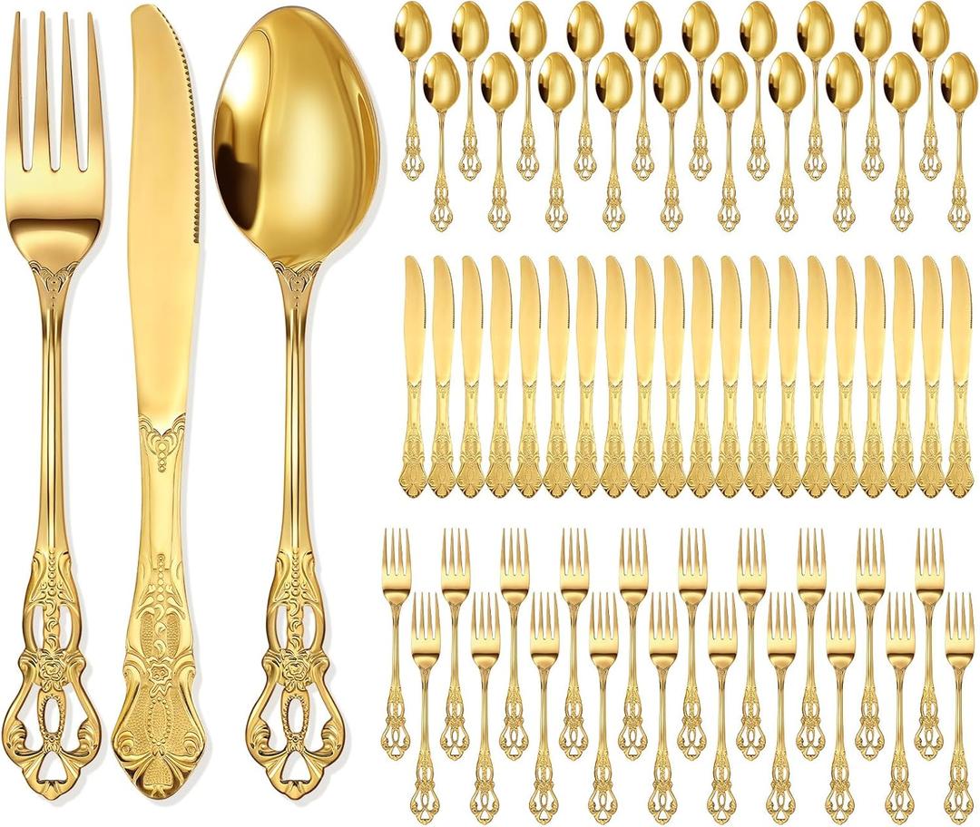 Dandat 60 Pieces Retro Royal Gold Silverware Set Gorgeous Stainless Steel Flatware Cutlery Include Fork Spoon Knife Vintage Hollow Relief Design for Home Wedding Bridal Shower Tea Parties (Large)
