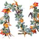Valery Madelyn Fall Leaves Garlands for Mantle, 6ft Silk Lambs Ear Pumpkins Garland with Lights Maple Thanksgiving Table Centerpiece, Outdoor Fall Decorations for Autumn Halloween Home fireplace Decor