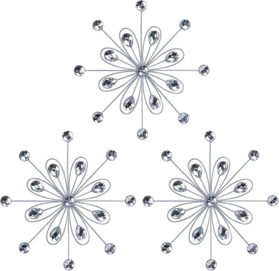 hogardeck Metal Flower Wall Decor, 3pcs 9" Silver Metal Jeweled Wall Art Bling Crystal Home Décor, Sun Burst Rhinestone Hanging Diamond Accents for for Indoor, Outdoor, Living Room, Bedroom