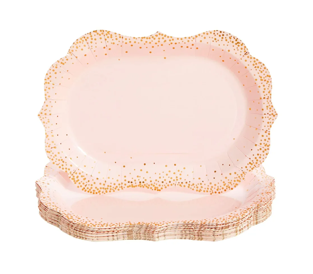 Sparkle and Bash 21-Pack Pink Disposable Serving Trays, Gold Foil Polka Dotted Party Platters for Wedding, Birthday, Tea Party, Brunch Decorations, Table Centerpiece, Home Decor (9x13 in)