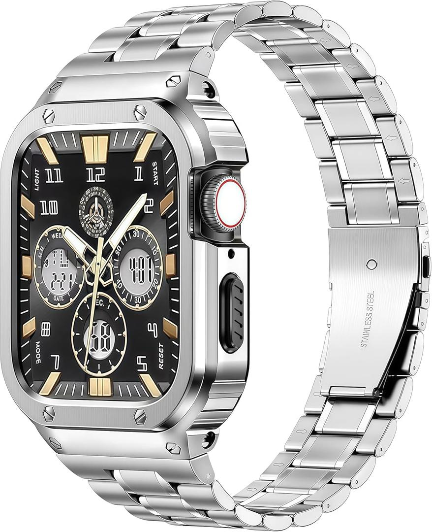 MioHHR Stainless Steel Watch Band with Case Compatible with Apple Watch Ultra3/2/1 Series 11 10 9 8 7 6 5 4 3 2 1 SE3/2/1, Metal Strap with Protective Cover for iWatch 49mm Men