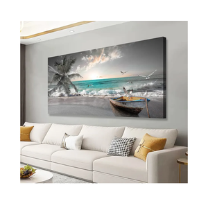 Beach Sea Wave Pictures Canvas Wall Art For Living Room Bedroom Wall Decor,Sea Wave Wall Art Print Paitnings For Home Decor,Morden Artwork Palm Boat Canvas Art Waterproof Ready To Hang-20X40Inches