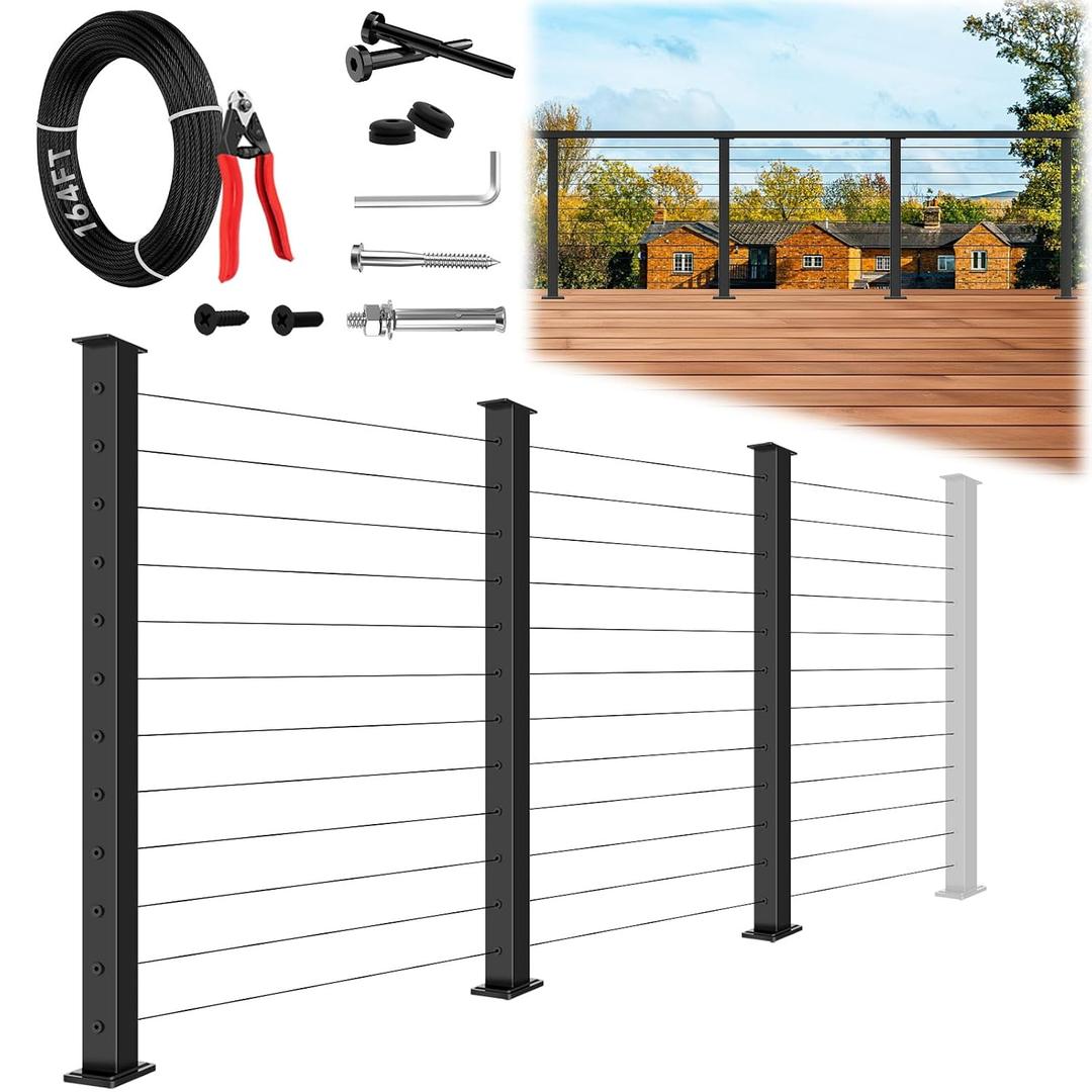 8ft-12ft Modular Cable Railing Post Kit 42" T304 Stainless Steel 3 Level Post Kit, Surface Mount Black Cable Railing System for Decks Length Adjustable Easy DIY, 164ft 1/8" Wire(No Handrail)