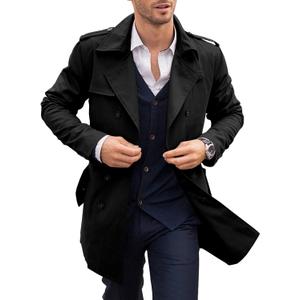 PASLTER Mens Trench Coat Notched Lapel Double Breasted Long Jacket Windbreaker Overcoat Pea Coat (Large, Black)