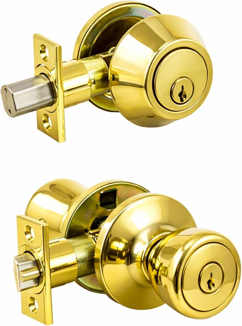 Design House Terrace Entry Door Knob and Single Cylinder Deadbolt Combo, Polished Brass, 6-Way Universal, 728329