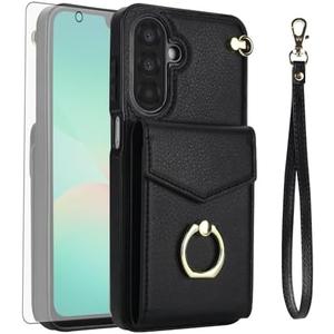 Asuwish Phone Case for Samsung Galaxy A26 5G Wallet Cover with Tempered Glass Screen Protector and RFID Blocking Ring Stand Credit Card Holder PU Leather Cell Accessories A 26 26A LTE Women Men Black