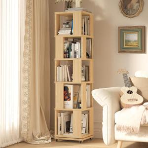 68-Inch 5 Tier Solid Wood Rotating Bookshelf Tower on Wheels, 360° Upgrade Spinning Book Shelf, Revolving Bookcase Organizer, Swivel Bookshelves for Small Spaces, Corner, Bedroom, Kids Room, Oak