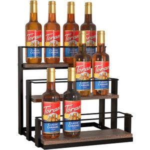 J JACKCUBE DESIGN 3 Tier Syrup Bottle Storage Rack, Rustic Wood and Metal Wire 12 Bottles Compartment Display Organizer Holder Stand for Syrup, Wine, Dressing - MK815A