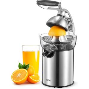 QCen Electric Citrus Juicer Squeezer, Electric Juicer for Orange, Lemon and Limes with Rubber Handle and Two Size Cones, Anti-Drip Spout, Easy to Clean and Use, BPA Free, Black/Stainless Steel (Silver)