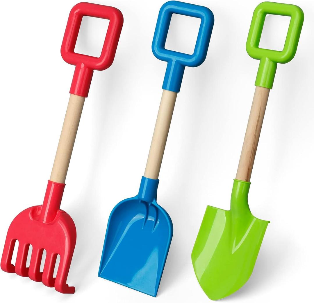 Dilabnba 16'' Kids Beach Shovels Sand Spades Toys Garden Tools, Wood Handle ABS Plastic Spade Rake Scoop for Digging Sandbox Gardening Snow Backyard Summer Outdoor Toy 3-Pack, Blue/Green/Red
