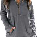 Ladmous Womens Casual Long Sleeve Half Zip Sweatshirt Lapel Drawstring Oversized Pullover Tops with PocketsS-2XL (XX-Large, 02 Dark Grey)