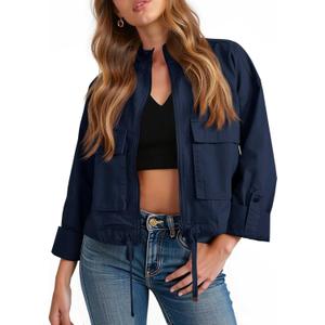 Tankaneo Women Casual Cropped Jackets Zip Up Lightweight Military Safari Short Utility Coat with Pockets, Size L
