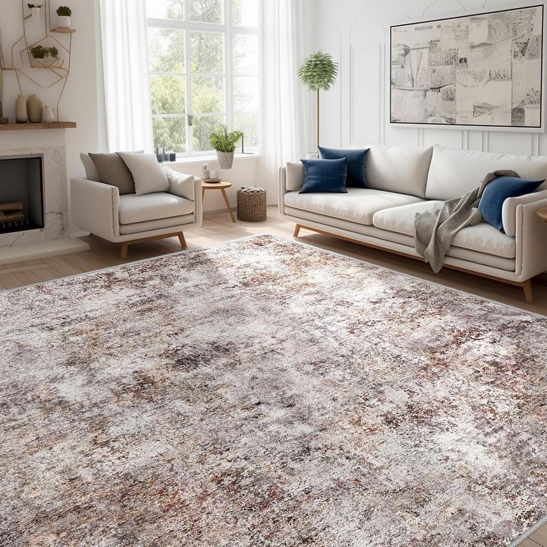 Abstract 10x14 Washable Rug: Modern Non Slip Area Rug Soft Carpet Foldable Distressed Stain Resistant Neutral Rugs for Living Room Bedroom Decor Large Indoor Farmhouse Rug 10'x14' Brick Gray (10' x 14')