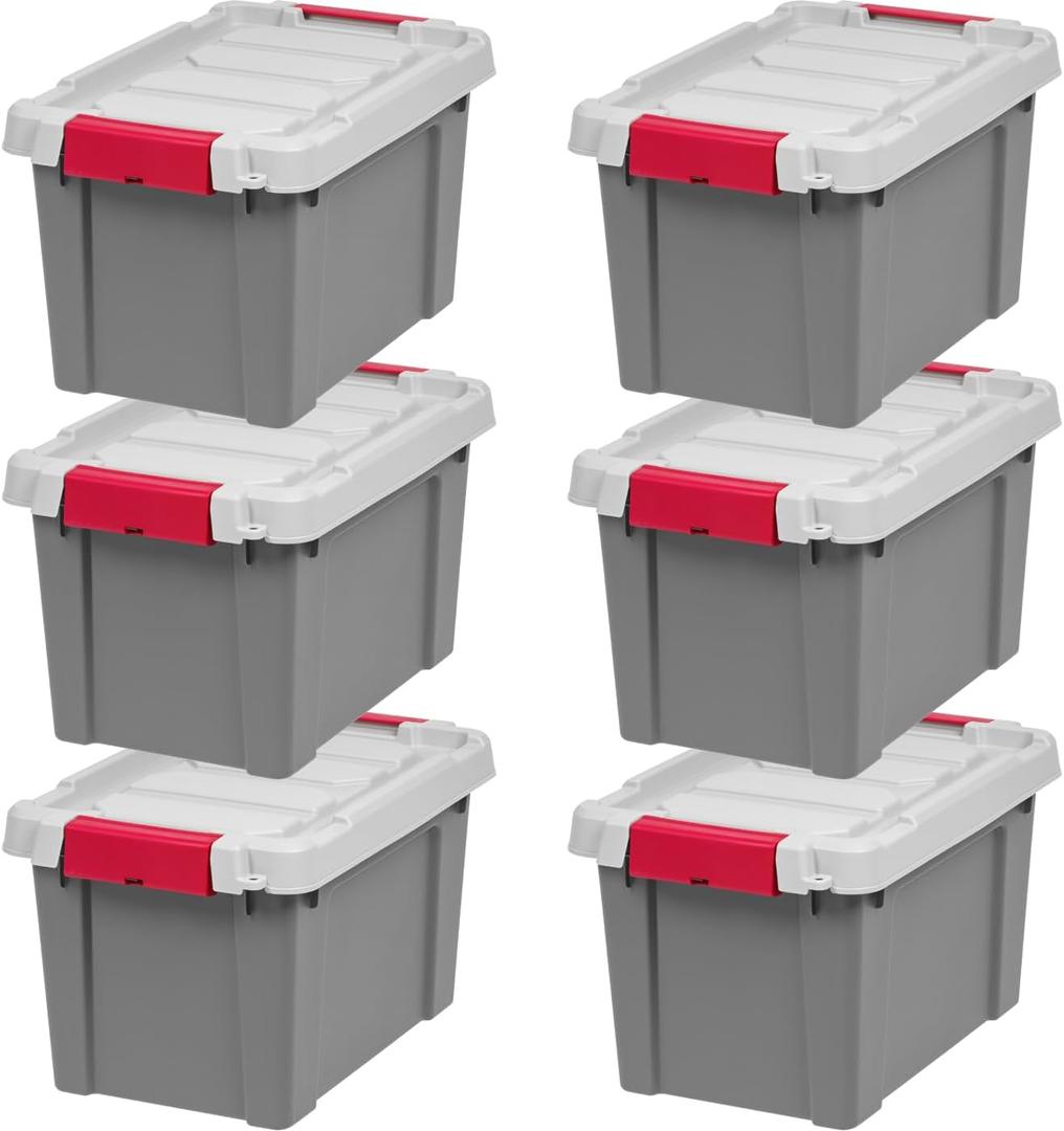 IRIS USA 5 Gallon Lockable Storage Totes with Lids, 6 Pack - Gray, Heavy-Duty Durable Stackable Containers, Large Garage Organizing Bins Moving Tubs, Rugged Sturdy Equipment Utility Tool Box