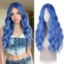 Haloo Blue Wigs with Curtain Bangs for Women - Long Wavy Middle Part Natural Looking Synthetic Hair Wig for Daily Party Cosplay Costume, 26 Inch Blue Mixed Grey
