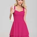 IWD Women's Square Neck Sleeveless Mini Dress Ruched Waist Tiered Ruffle Hem A Line Short Dresses (Pink, M)