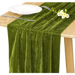 Velvet Table Runner 20 x 120 Inches 10ft Luxurious Thick Soft Velvet Christmas Thanksgiving Wedding Reception Table Runner for Party Reception Decorations(Olive Green, 1 Pack)