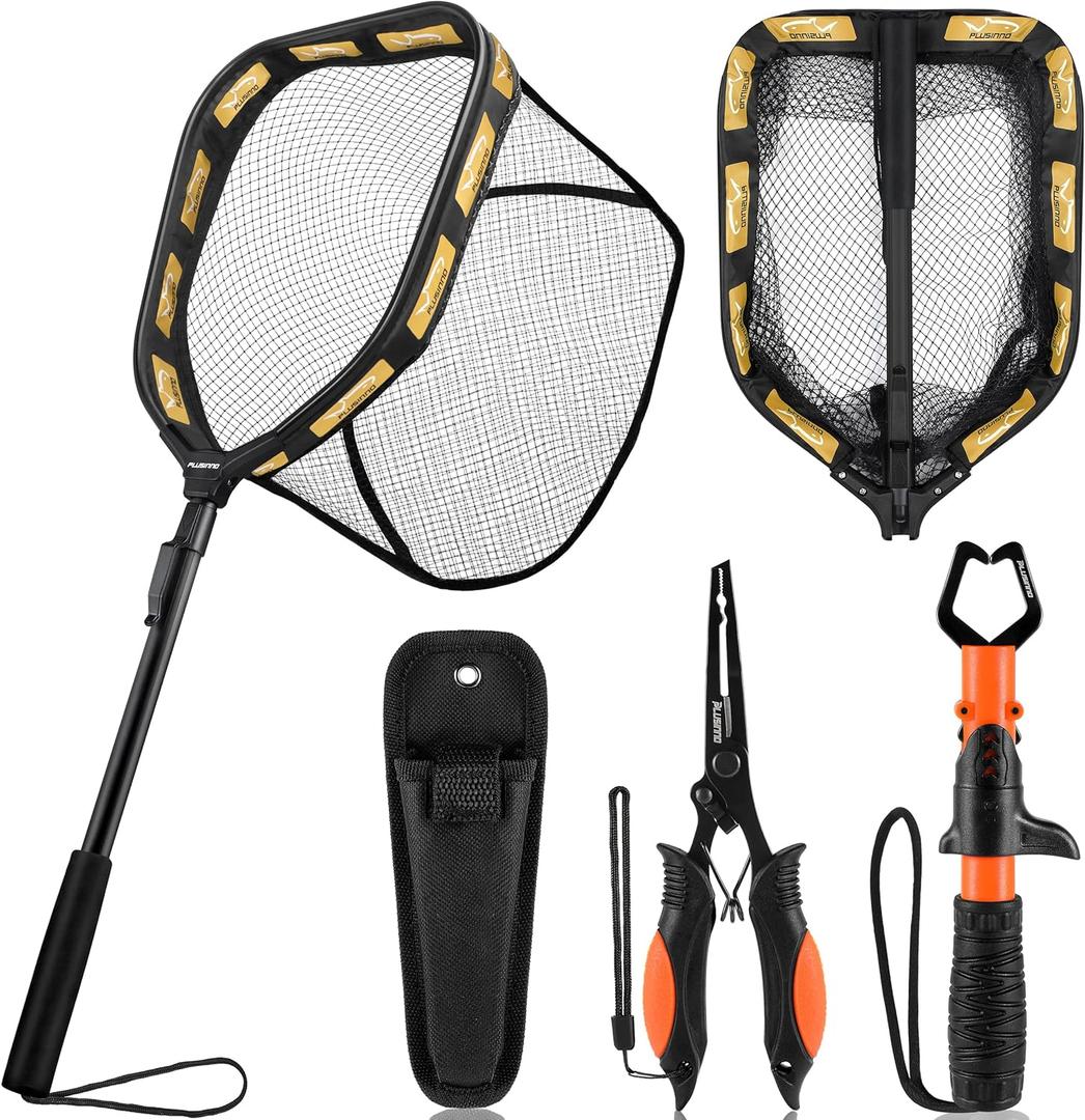 PLUSINNO Floating Fishing Net for Steelhead, Salmon, Fly, Kayak, Catfish, Bass, Trout Fishing, Rubber Coated Foldable Landing Net with Fixed or Telescoping Pole Handle, Fishing Gear and Gifts for Men (Large, 11.8"/30cm Hoop Size 0.8M Orange (Fixed Pole)With Accessory)