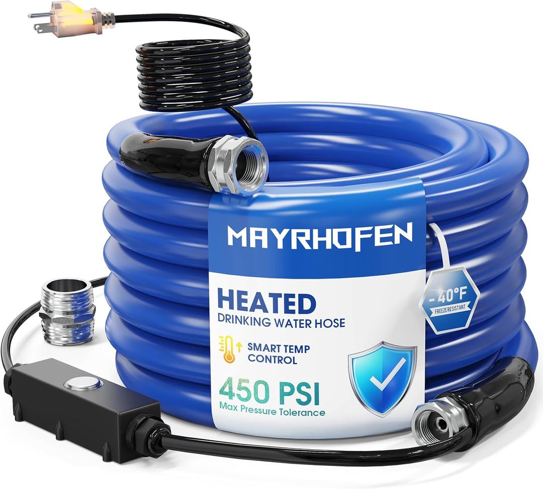 Heated Water Hose for RV 50ft, Heated Drinking Water Hose with Energy-Saving Thermostat, Freeze Protection Down to 40F, Lead-Free BPA-Free, Includes Adapter for Camper and Garden Use (With Temperature Switch)