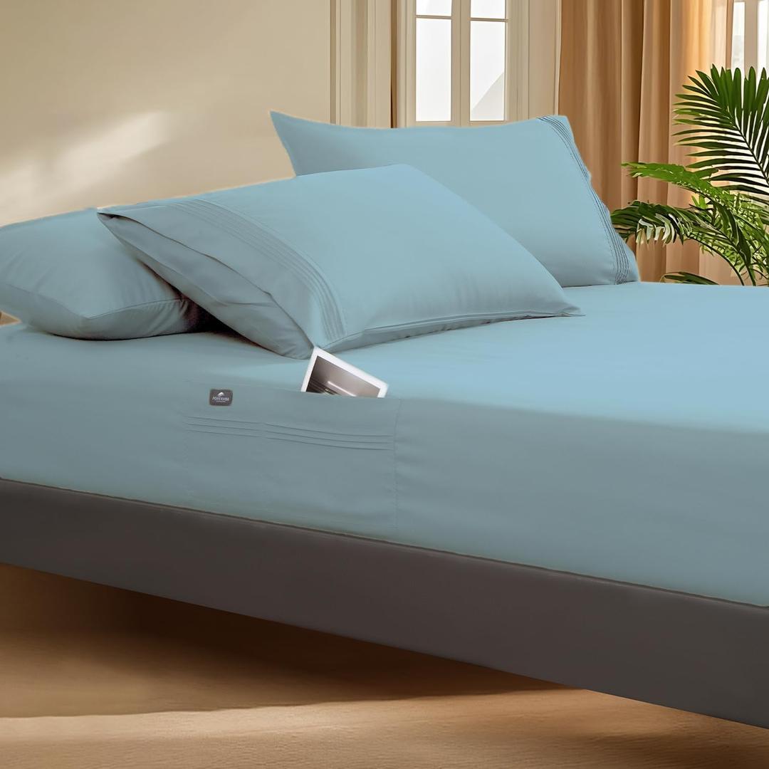 Deep Pocket Full Fitted Sheet with Straps - Fits Mattresses Up to 21" Thick - 3 Piece Bed Sheets - Moisture Wicking, Cooling & Soft Fitted Sheet & Pillow Cases (Light Blue)