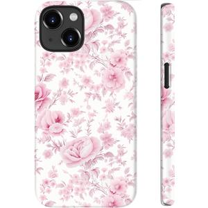 for iPhone 14 Plus Case Cute Wireless Charging Compatible Dual-Layer Shockproof Protection with Stylish Wildflower Design Protective Cover for Women - Romantic Pink Bloom