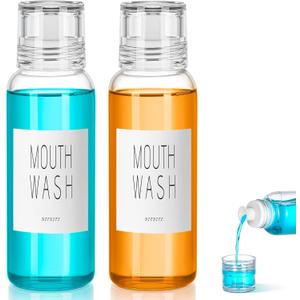 VITVITI Glass Mouthwash Dispenser for Bathroom, 10 OZ Mouth Wash Container Bottle with Lid Cup, Countertop Small Clear Refillable Mouthwash Dispensers Decanter, Set of 2 (White)