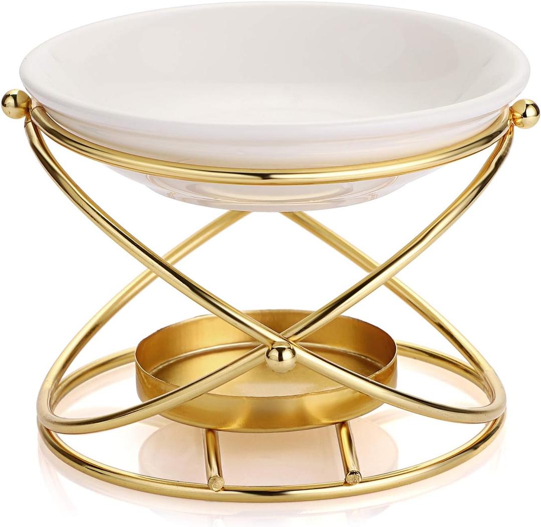 JuxYes European Metal Oil Burner Wax Warmer, Delicate Romantic Ceramic Tealight Candle Holder Oil Burner, Fragrance Warmer Aromatherapy Wax Candle Tart Burner Warmer Diffuser for Home Bedroom Dcor (Golden)