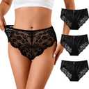 J-pone Sexy Womens Lace Underwear High Wasited Panties Breathable Floral Ladies Briefs, 3 Pack (Medium)