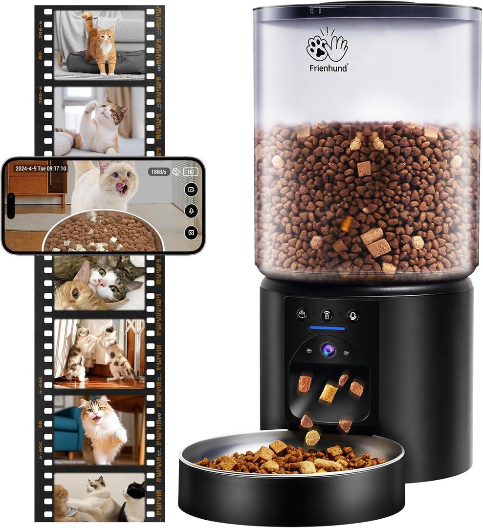 5L Automatic Cat Feeder with 2K HD Camera: 5G WiFi Automatic Dog Feeder with Night Vision,Cat Food Dispenser with Freshness for Multiple Pets,Detachable for Easy Clean-21 Cup (Sealed Outlet) (Black)