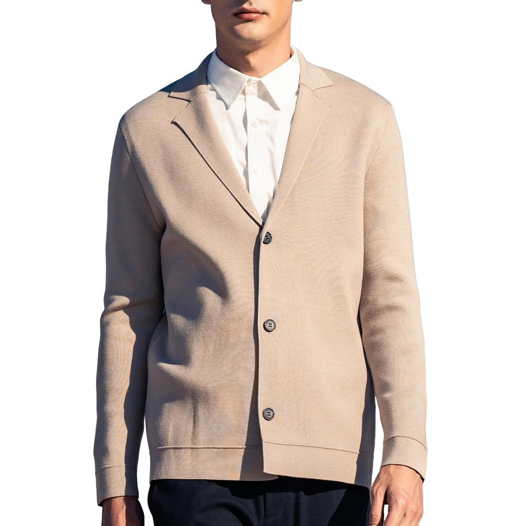 ZVX Men's Solid Color Knitted Cardigan Sweater Fall and Winter Large V-Neck Top, Lapel Versatile Casual Cardigan Sweater Light Khaki XX-Large (Beige, XXL)