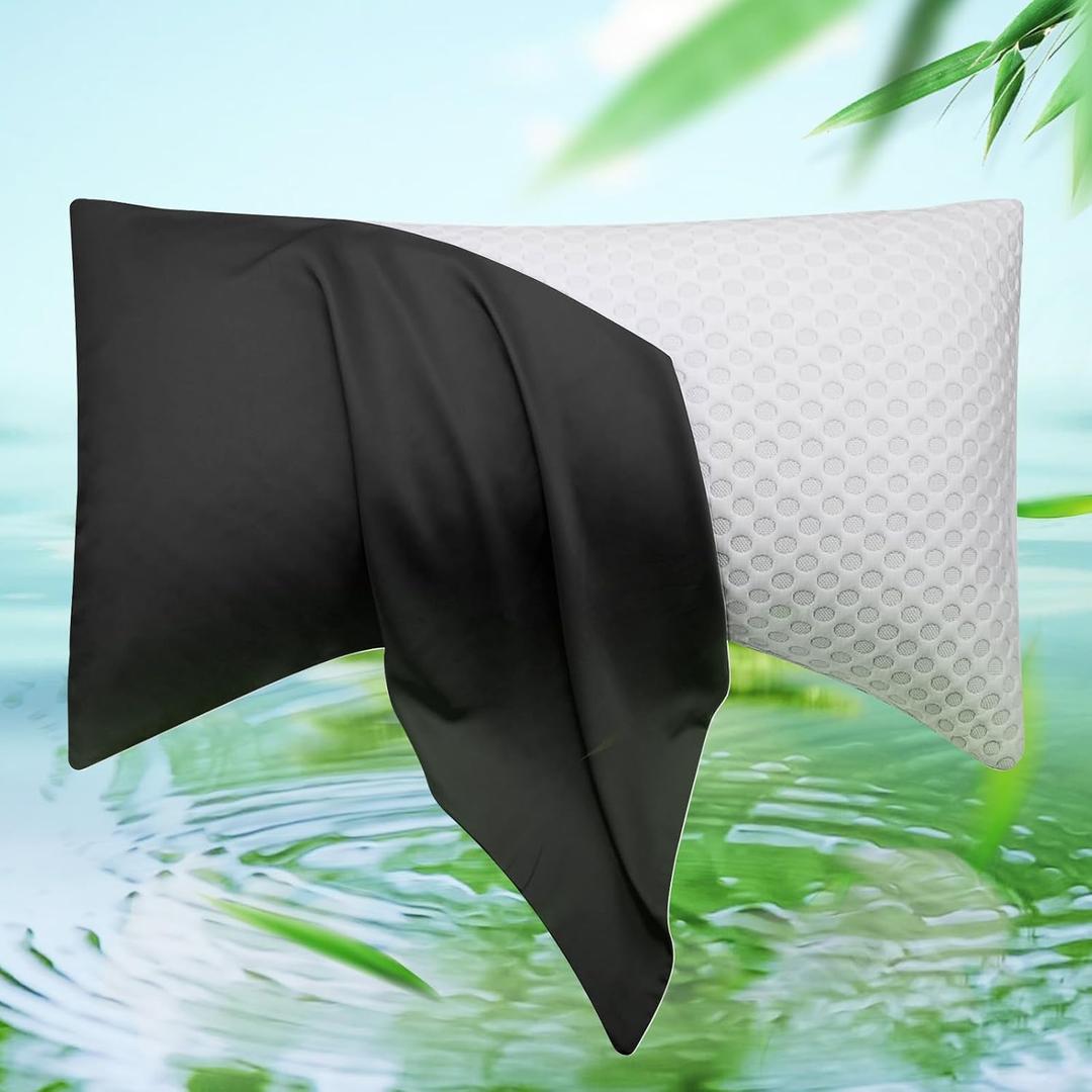 Cooling Side Sleeper Pillow Cases - Curved Rayon Derived from Bamboo Pillowcase Cover- Breathable Cool Silky Soft Pillowcase for Hot Sleepers Hair and Skin, Queen Size 1 Piece, 20 * 30 Inches Black, Queen - Pack of 1