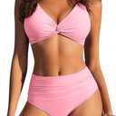 Bikini for Women Sexy High Waist Two Piece Swimsuits V Neck Bathing Suits, XL, Pink