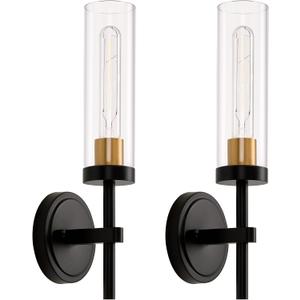 Black and Gold Hardwired Wall Sconces Set of 2, Modern Bathroom Vanity Sconces Wall Lighting with Clear Glass Shade, Farmhouse Wall Mount Lights for Mirror Bedroom Living Room Hallway Kitchen (Hardwired 1-Light (2 Pack), Black Gold & Clear Glass)