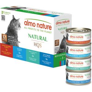 Almo Nature: HQS Natural Cat Pack 2 - (12) 2.47oz Can, Adult Cat Wet Canned Food - 3 Each: Atlantic Tuna, Mackerel, Trout & Tuna, Chicken & Shrimp