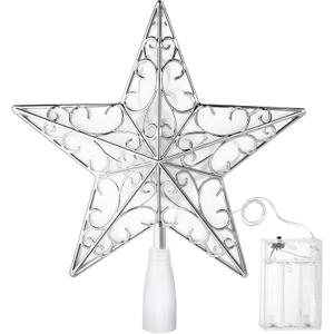 Nuanchu Christmas Star Tree Topper 10.4 x 9.4 Inch Large 3D Glitter Topper Ornament Metal Hollowed with 20 LED Lights Vintage Xmas Reflector Treetop New Year Holiday Indoor Decor(Silver White)