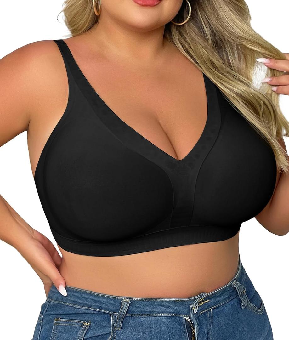 SHAPERX Women's Deep V Everyday Bras Wireless Comfort No Underwire Bralettes Soft Push Up Bra Regular and Plus Size (Large, Black)