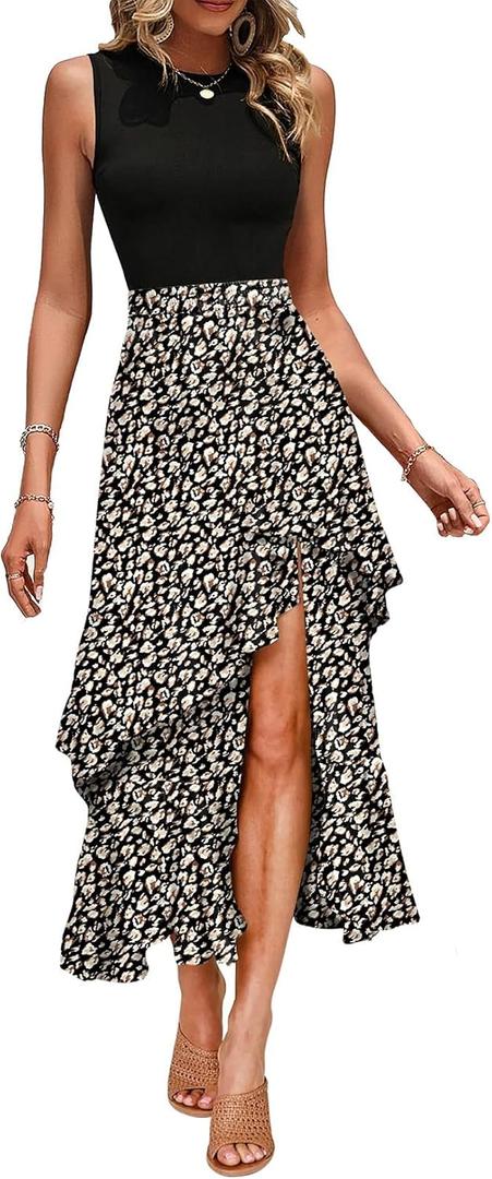 Dokotoo Women's 2025 Sleeveless Spring Summer Dresses Casual Boho Crewneck Floral Boho Cocktail Party Dresses (Size Medium, Apricot)