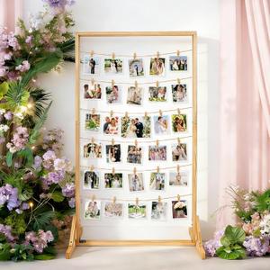 47 Inch Wedding Photo Display Frame Board Collage Picture Frame with String and 30 Clips Wood Pictures Photos Frames With Stand for Wedding Bridal Graduation Party Birthday