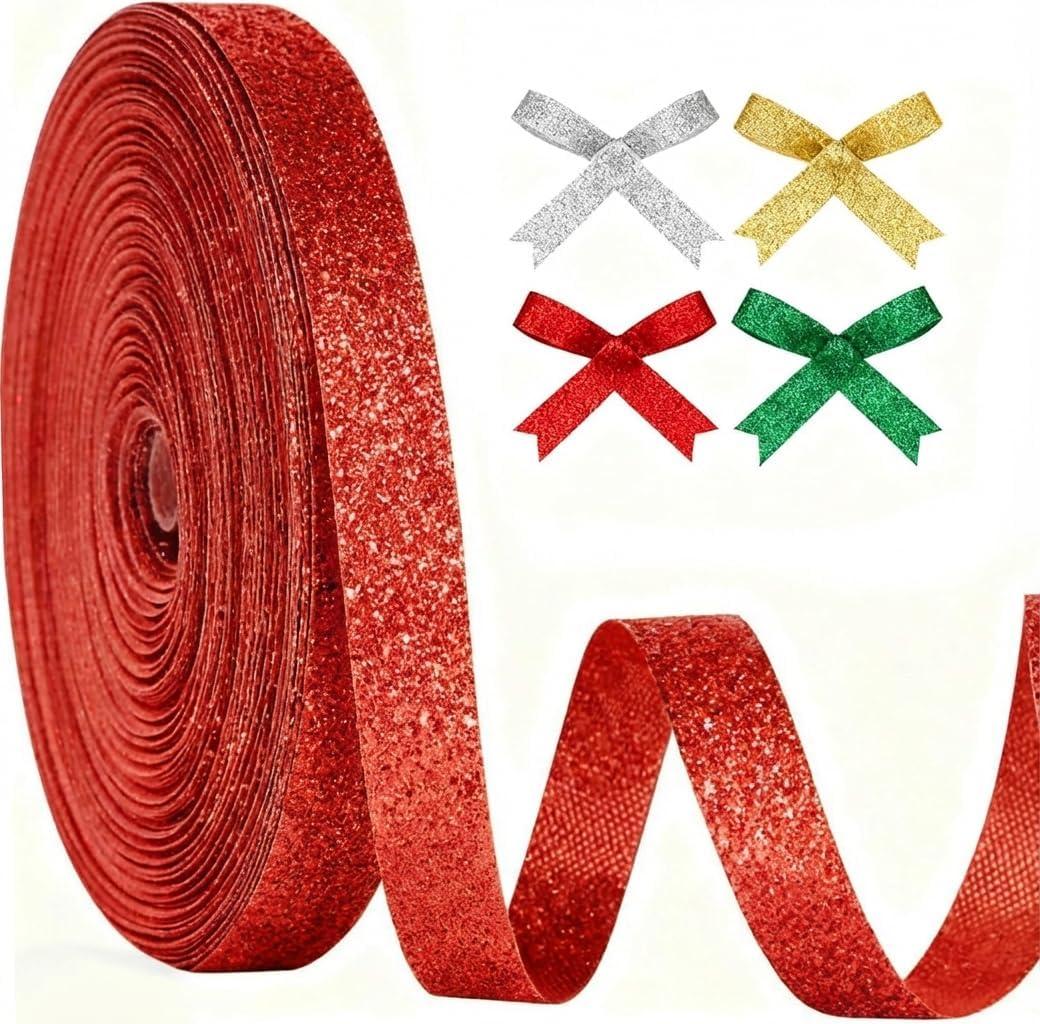 Glitter Ribbon Set, 4 Rolls Ribbons for Crafts (Red, Green, Gold, Silver), 3/8 Inch Wide x 10 Yards Each, Red Valentine Ribbon for Gift Wrapping, Holiday Valentines Wedding Party Decoration