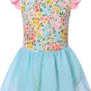 Funnycokid Ballet Leotard for Girls Dance Leotards with Skirt Toddler Ruffle Sleeve Ballerina Outfit (6 Years, Bowknot Blue)