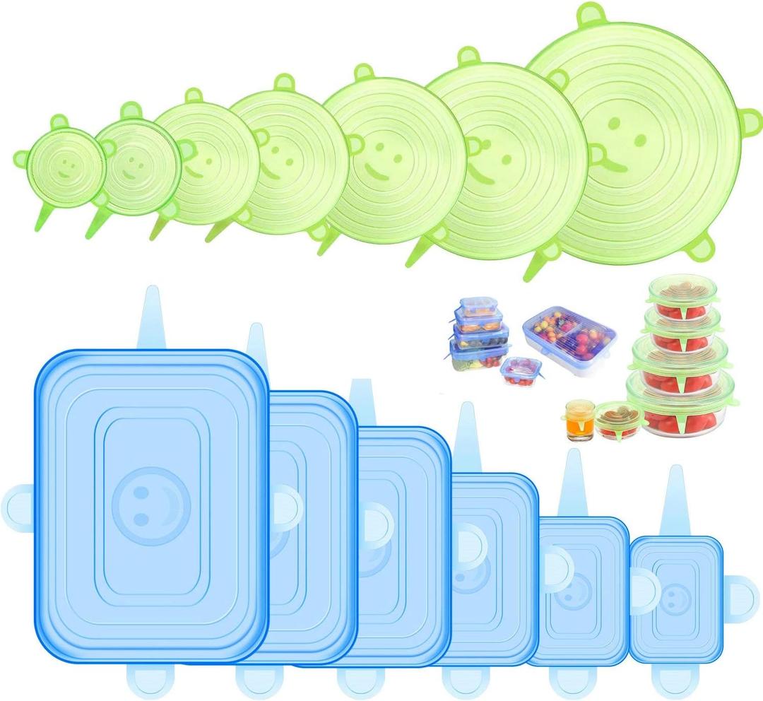 Silicone Stretch Lids for Food Storage in Fridge, 12 Pack Silicone Lids, Reusable Food Grade Silicone Bowl Covers for Cups, Bowls and Dish, 6 Sizes Round and Rectangle Shape (Blue+ Green)