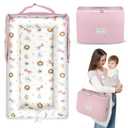 Baby Lounger for Newborn 0-24 Months, Portable Infant Lounger with Soft Breathable Cotton, Adjustable Size Lengthen Space Lightweight & Washable Essentials for Home (2. Pink Animal World)