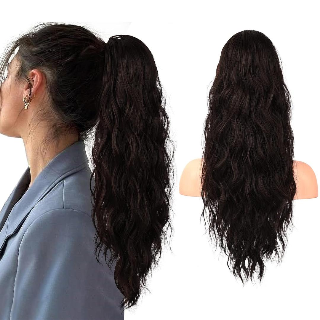 Flufymooz Ponytail Extension, 22 Inch Drawstring Ponytail Hair Extensions for Women Long Curly Wavy Pony Tail Natural Wavy Synthetic Hairpiece for Women Daily Use party (22 Inch Black Brown)
