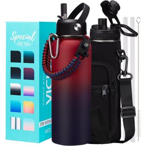 40 OZ Insulated Water Bottles with Straw Lid, Stainless Steel Water Bottle for Men Women, Wide Mouth Water Flask Sports with Shoulder Carrier Bag, Paracord Handle, Straw & Spout Lids
