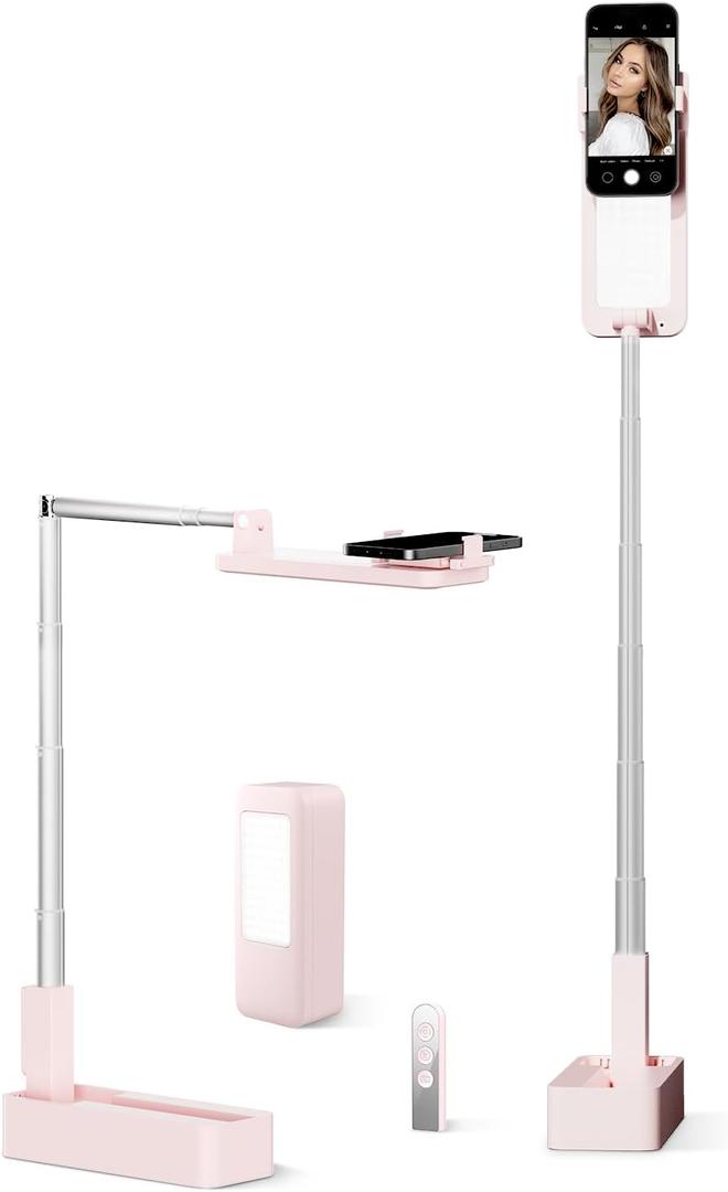 Phone Stand for Recording, Overhead Phone Mount with Light, Selfie Stand,Portable,Extendable,360 Rotate,Adjustable,Wireless Remote,Rechargeable, for 3.5-6.9" Phones, Live Streaming (Pink)