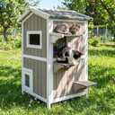 Cat Houses for Outdoor Cats, Weatherproof 2-Story Wooden Cat Shelter for Indoor & Outdoor Cats, Raised Feeding Station, Escape Door, Jumping Platforms, Elevated Floor & Asphalt Roof