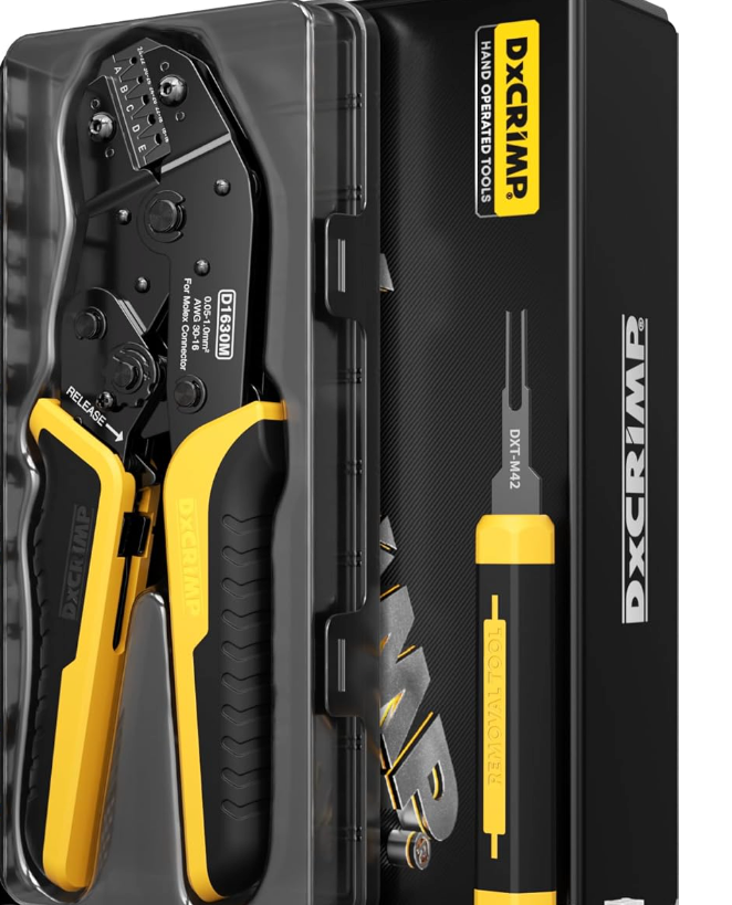 Professional ratcheting crimping tool with ergonomic non-slip handles, designed for precise and secure crimping. Includes a plastic storage case for easy organization and transport. Compatible con JST, KF2510, AMP, Dupont, RC Servos y Futaba.